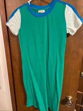 Roolee Green Tee Dress with Blue Trim and White Sleeves